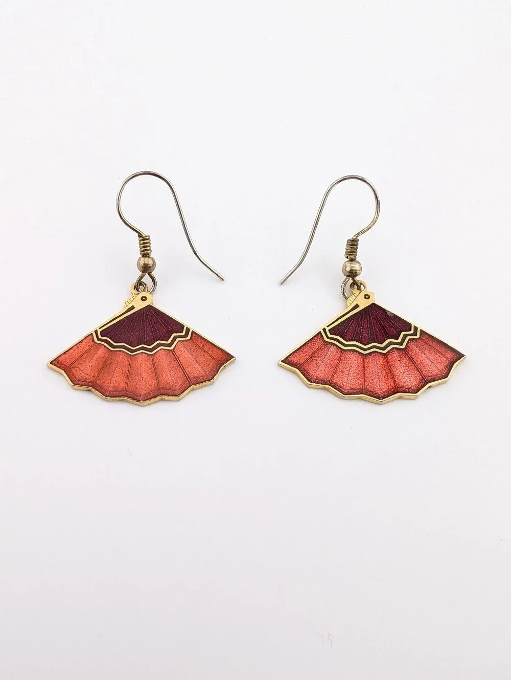 Vintage Cloisonne Fan Gold Earrings - Classic Estate Jewelry - Picture 1 of 6